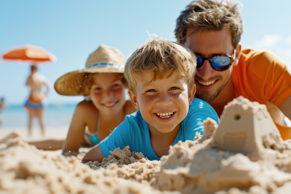 boy and family playing in sand
