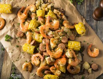 shrimp on a table lowcountry boil