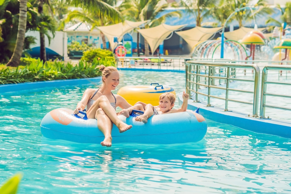 water park lazy river two kids afternoon