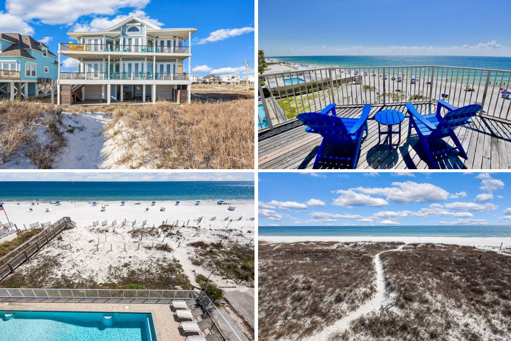 collage of vacation rentals, beach path, pool, balcony with chairs
