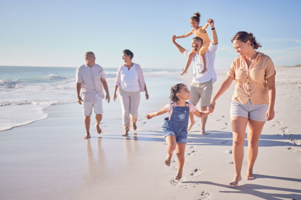 family walking on beach